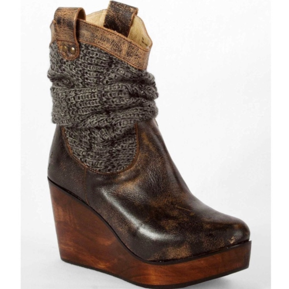 Bed Stu Bruges Womens Platform Wedge Leather Knit Western Boot Shoes 6.5 nwt